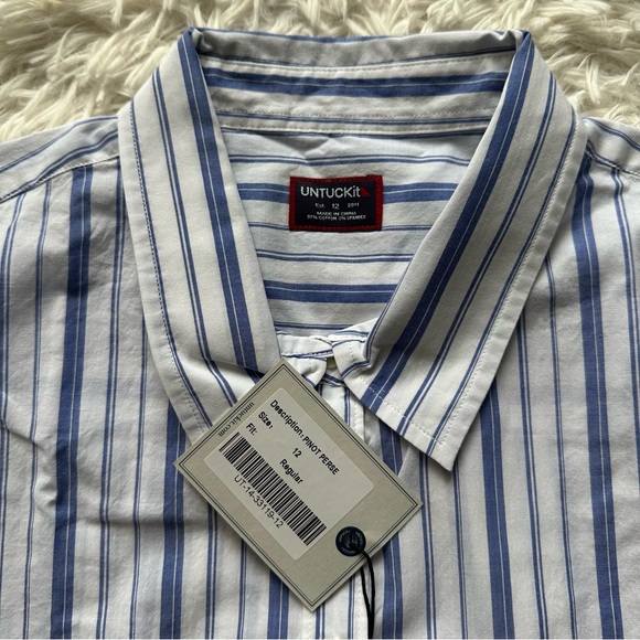 Untuckit Pinot Perse Striped Button Up White Blue New With Tags Size 14 - Picture 5 of 12